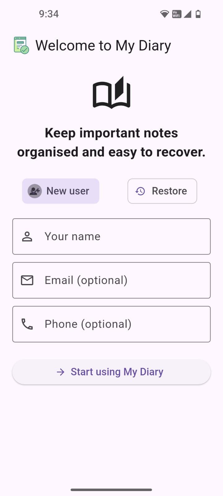 MyDiary New User setup
