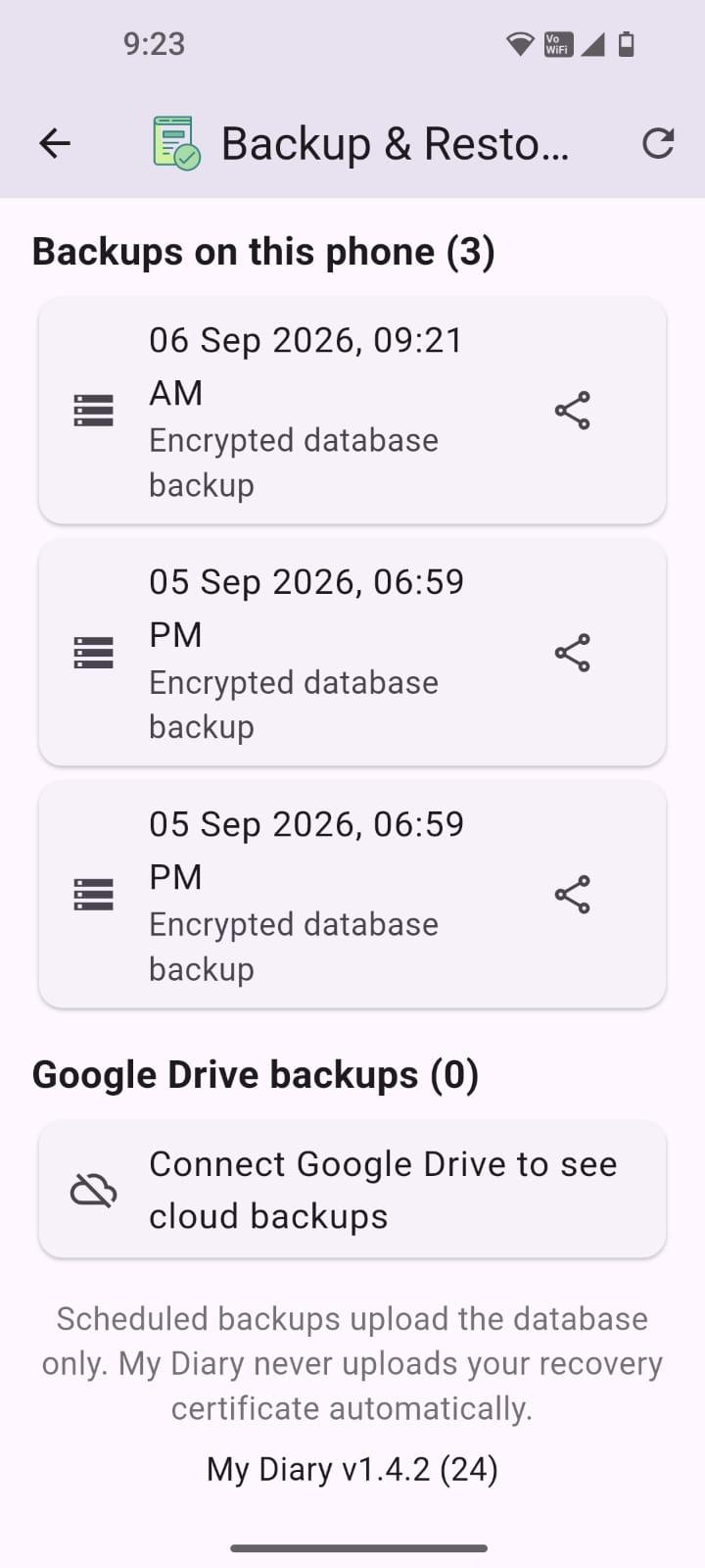 MyDiary backup history
