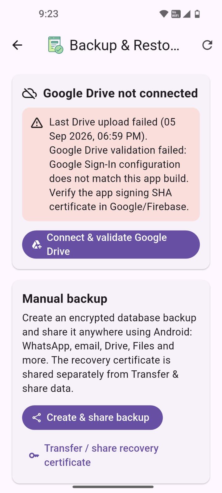 MyDiary Google Drive backup status