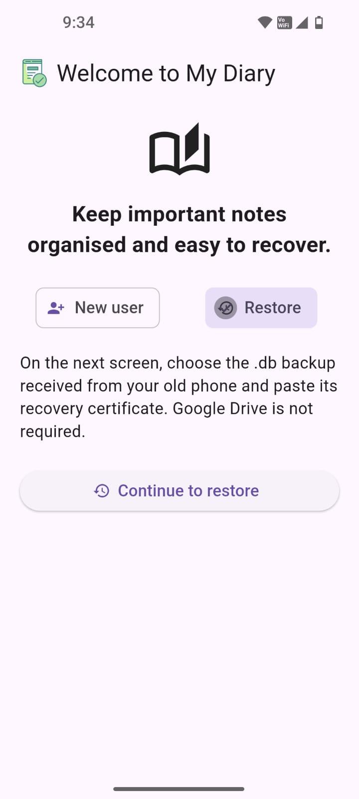 Restore MyDiary on a new phone