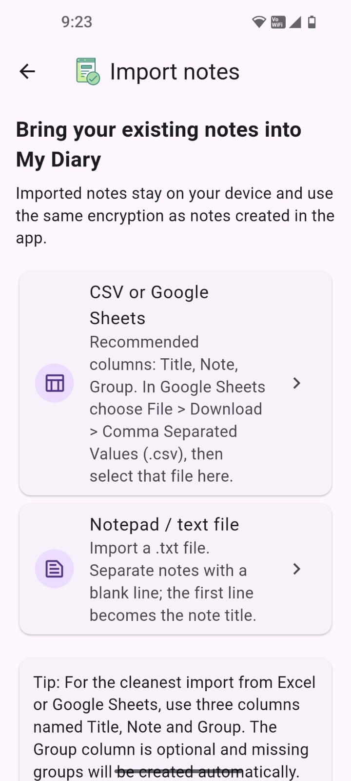 Import notes into MyDiary
